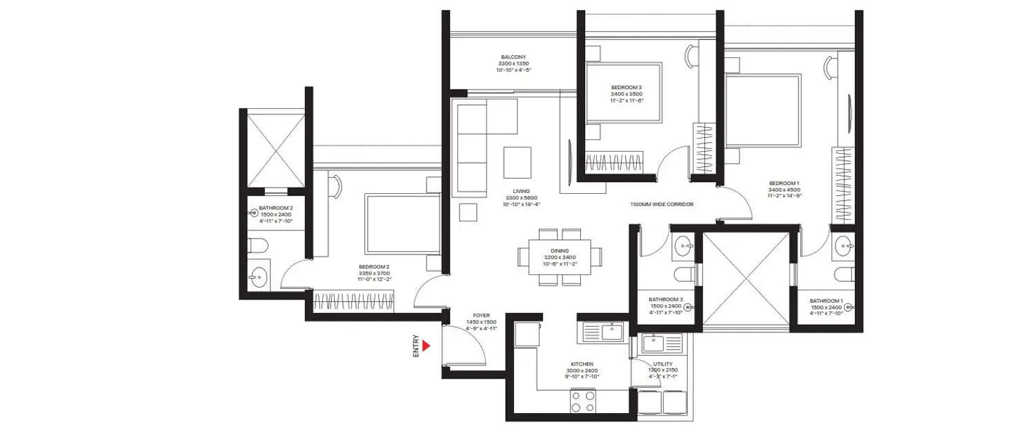 Floor plan for 3 BHK