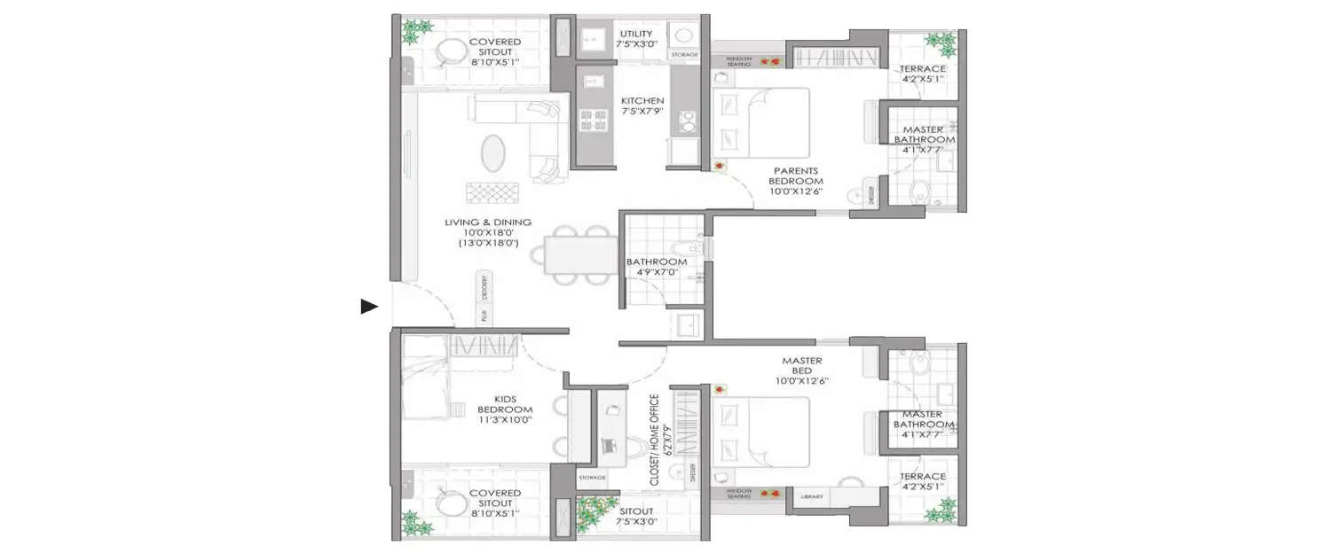 Floor plan for 3 BHK