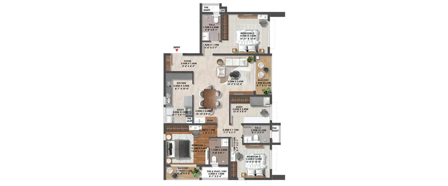 Floor plan for 3 BHK