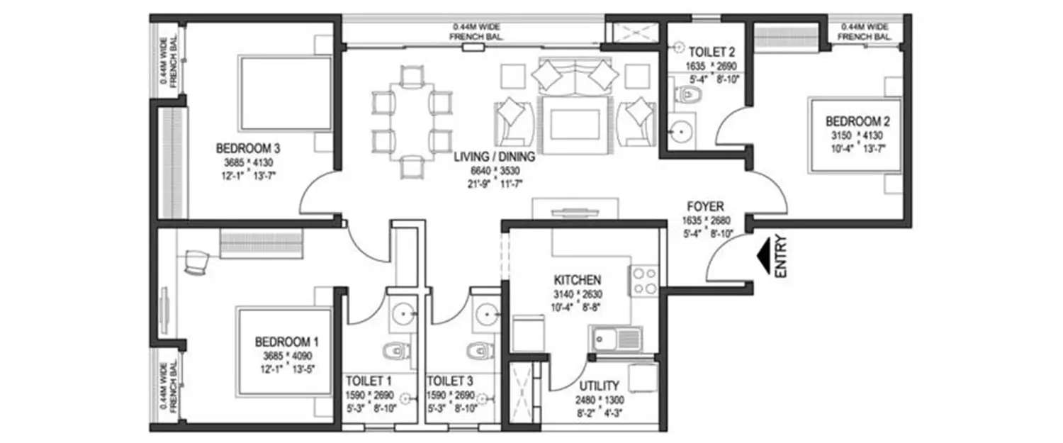 Floor plan for 3 BHK