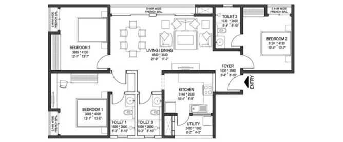 Sobha Arena Kanakapura - Floor plan 3 BHK 1105 Sq.ft