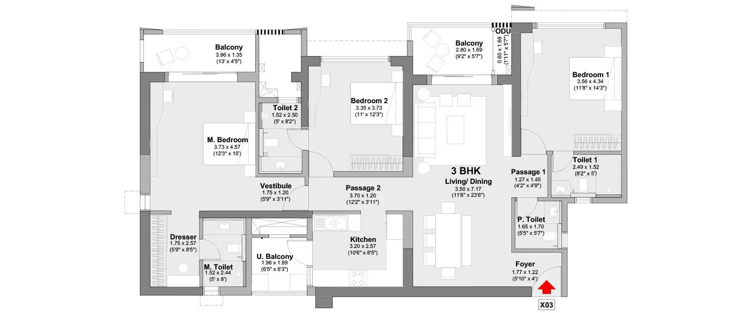 Floor plan for 3 BHK