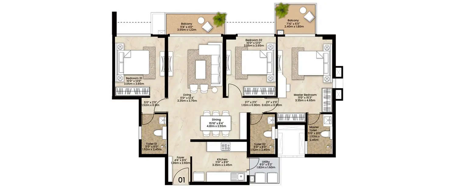 Floor plan for 3 BHK