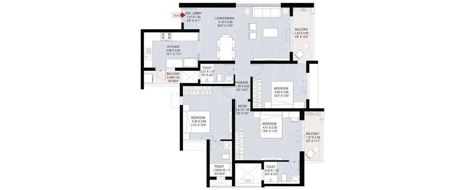 Floor plan for 3 BHK