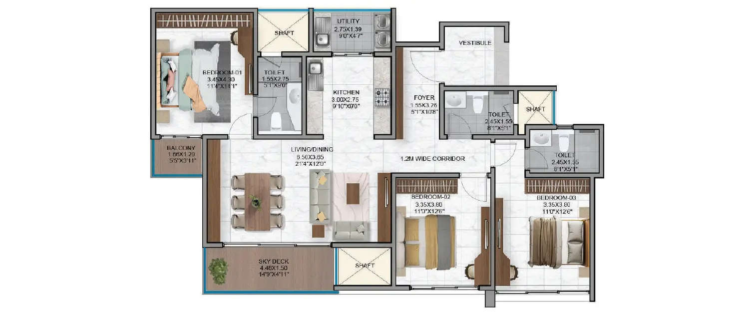 Floor plan for 3 BHK