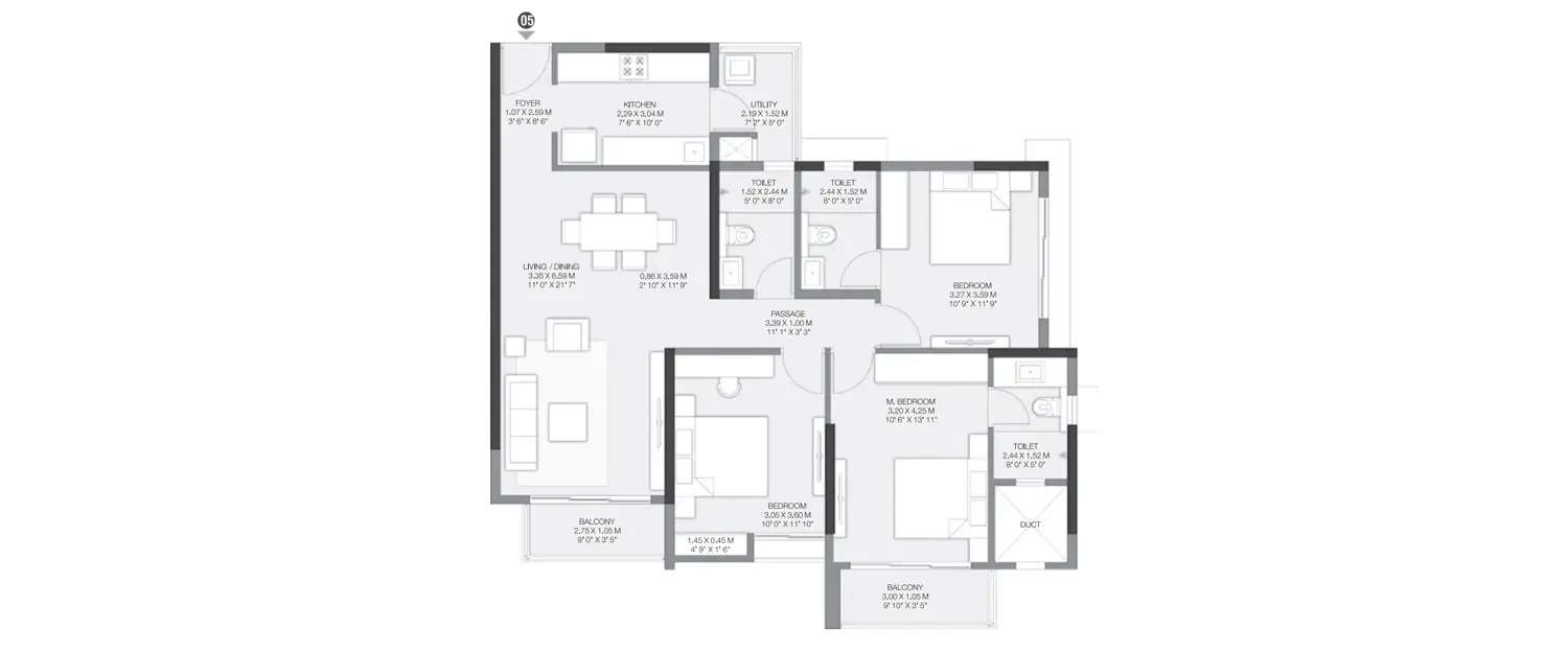 Floor plan for 3 BHK