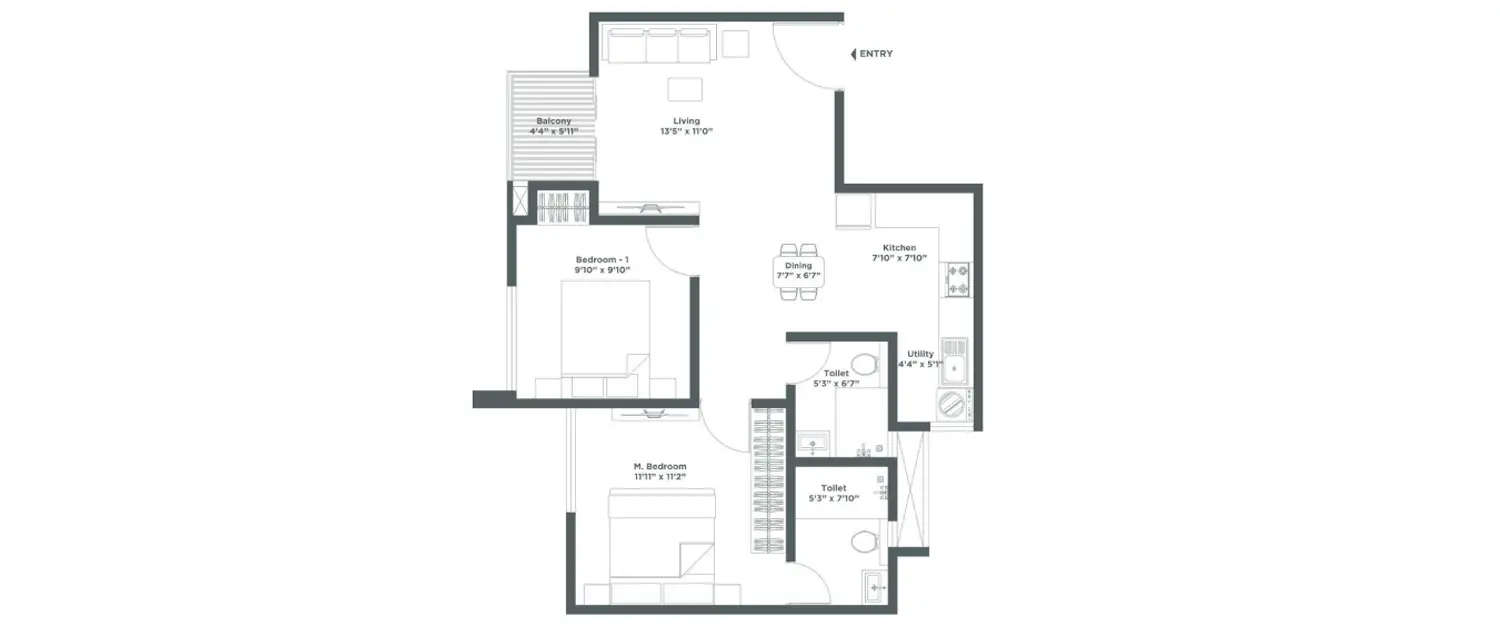 Floor plan for 2 BHK
