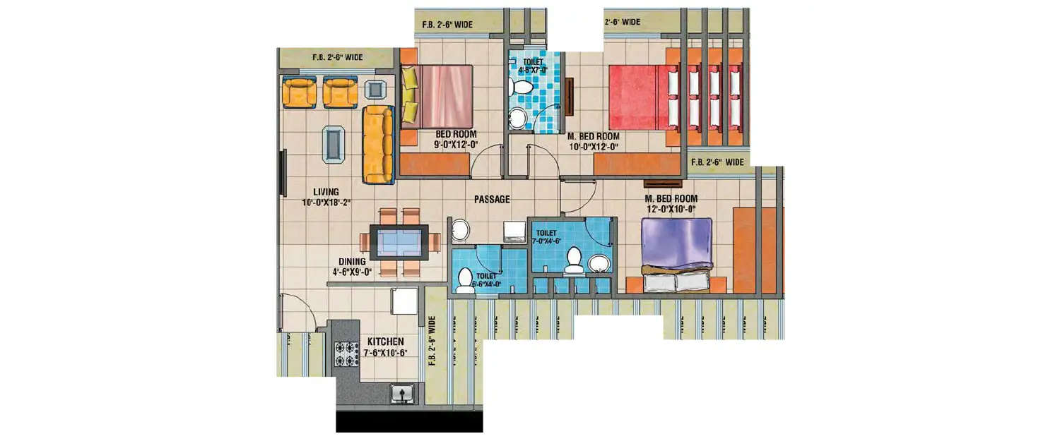 Floor plan for 3 BHK