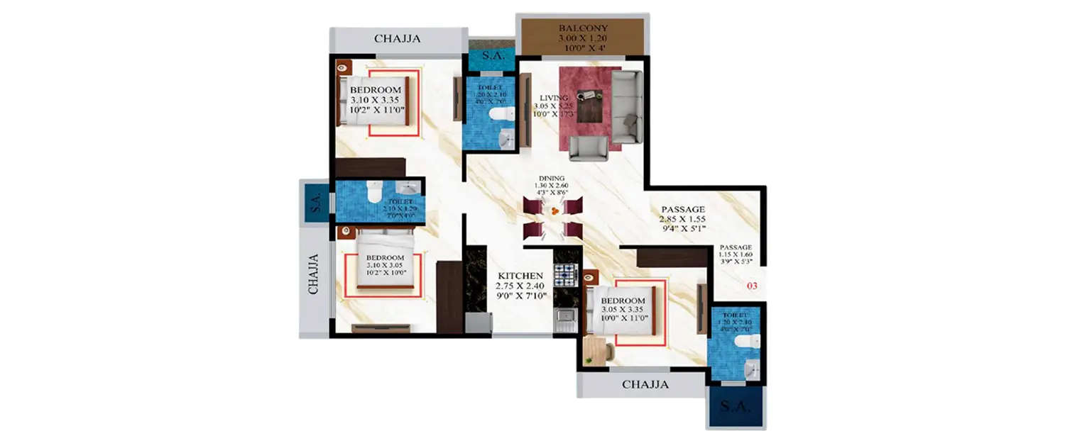 Floor plan for 3 BHK