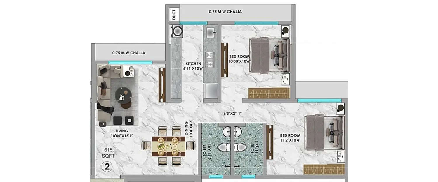 Floor plan for 2 BHK