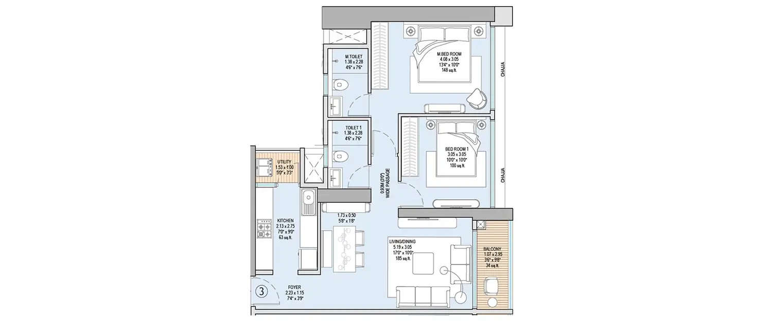 Floor plan for 2 BHK