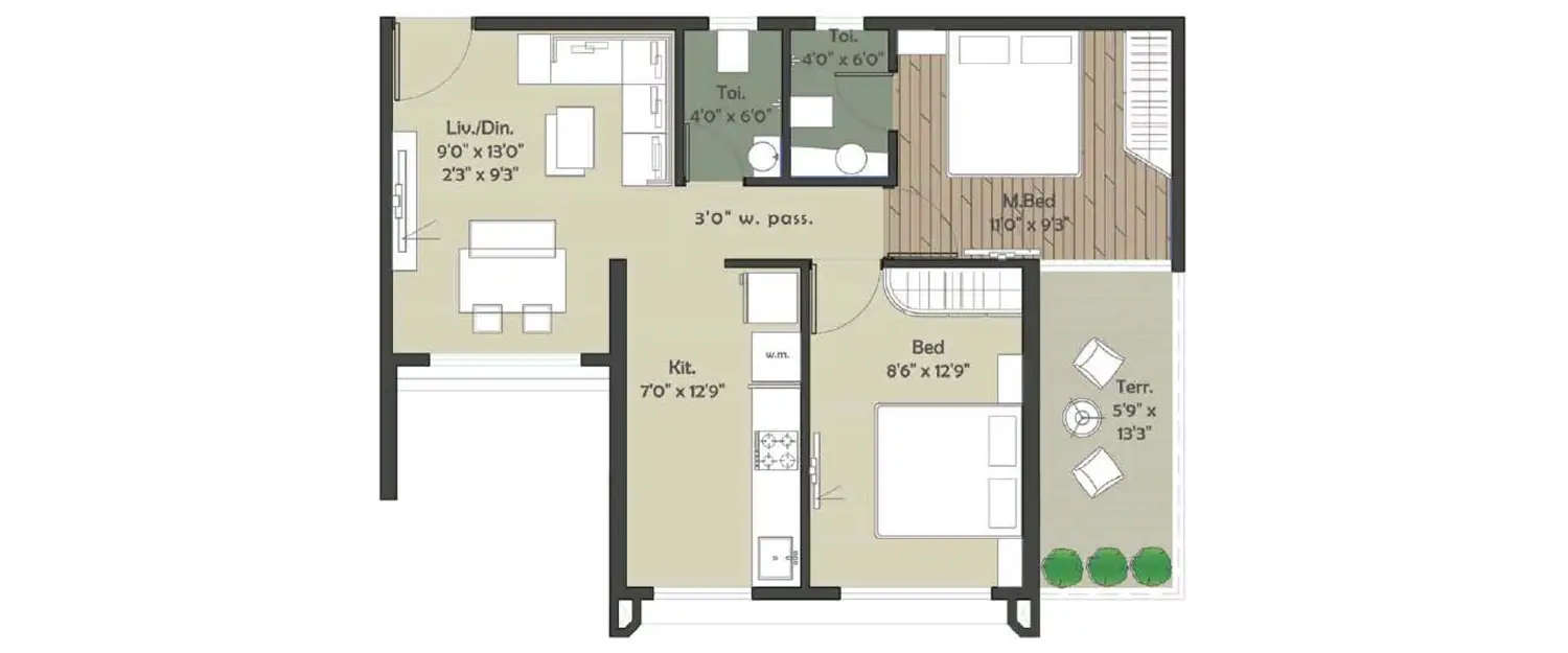 Floor plan for 2 BHK