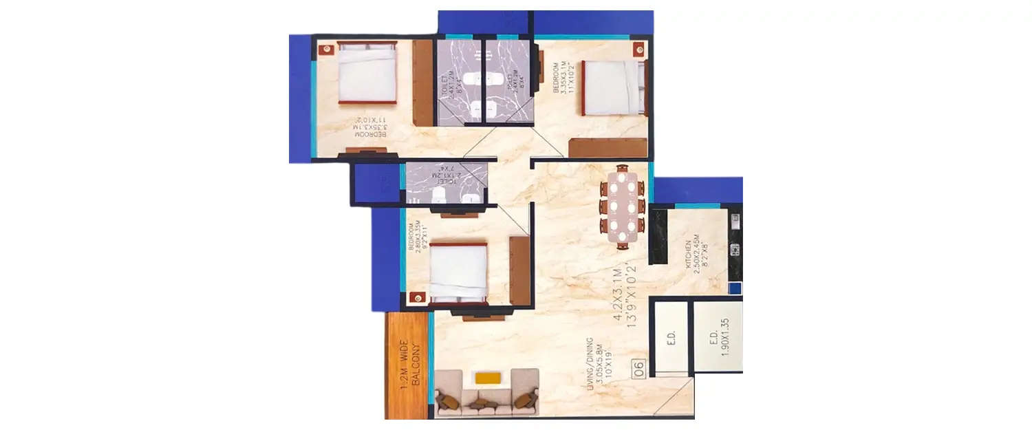 Floor plan for 3 BHK