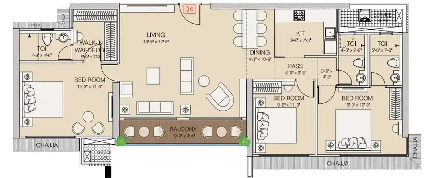 Floor plan for 3 BHK