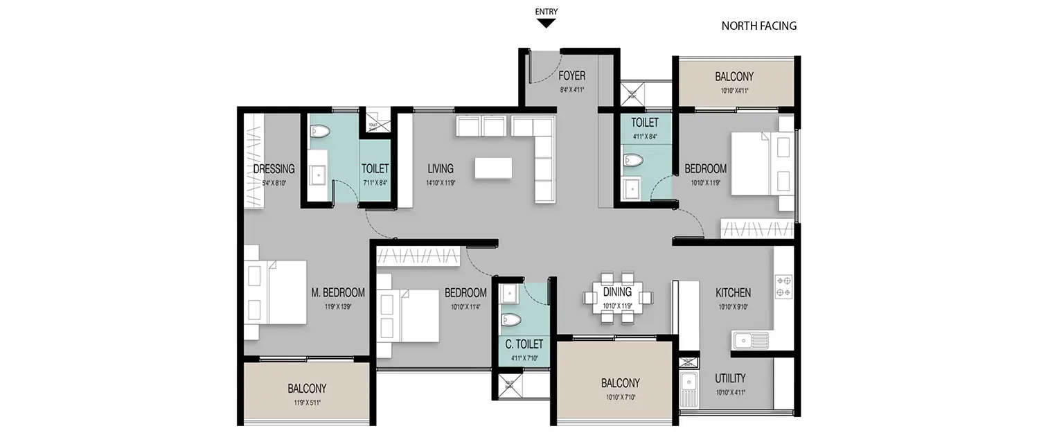 Floor plan for 3 BHK