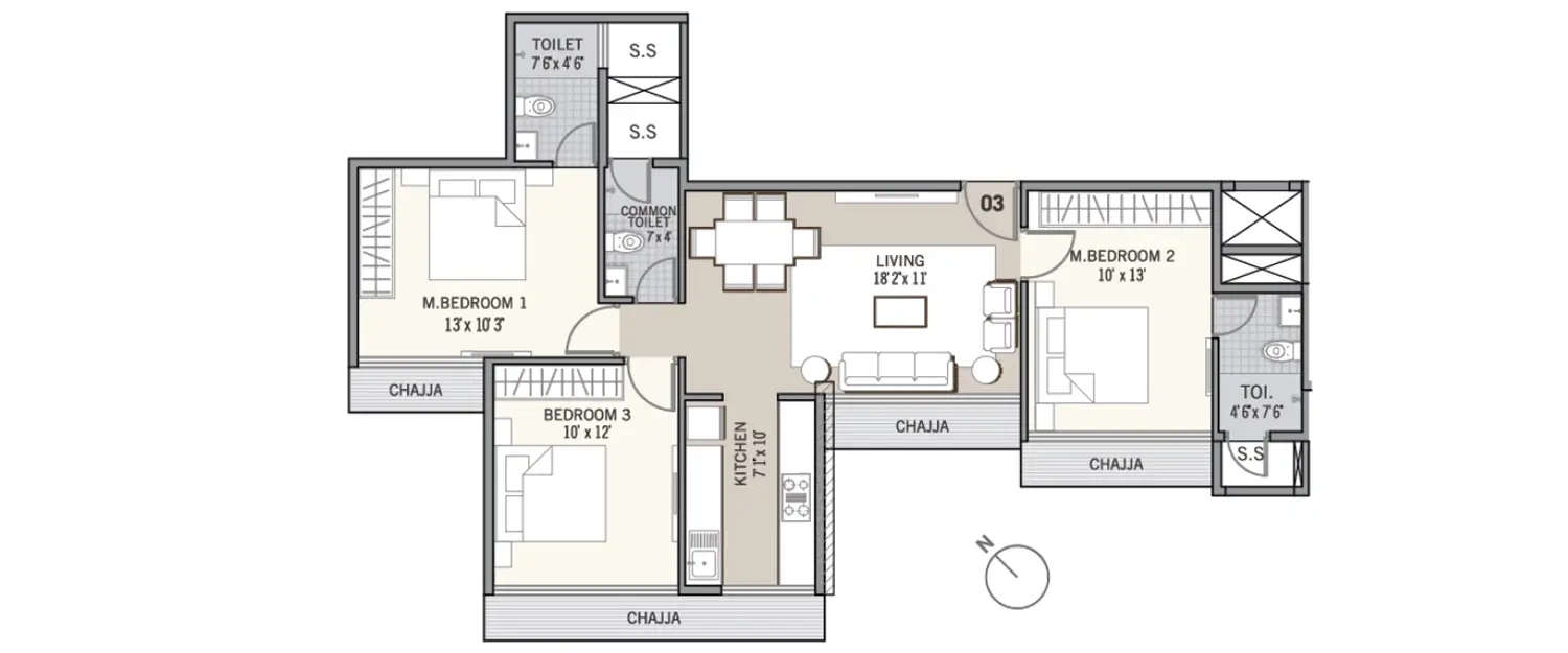 Floor plan for 3 BHK