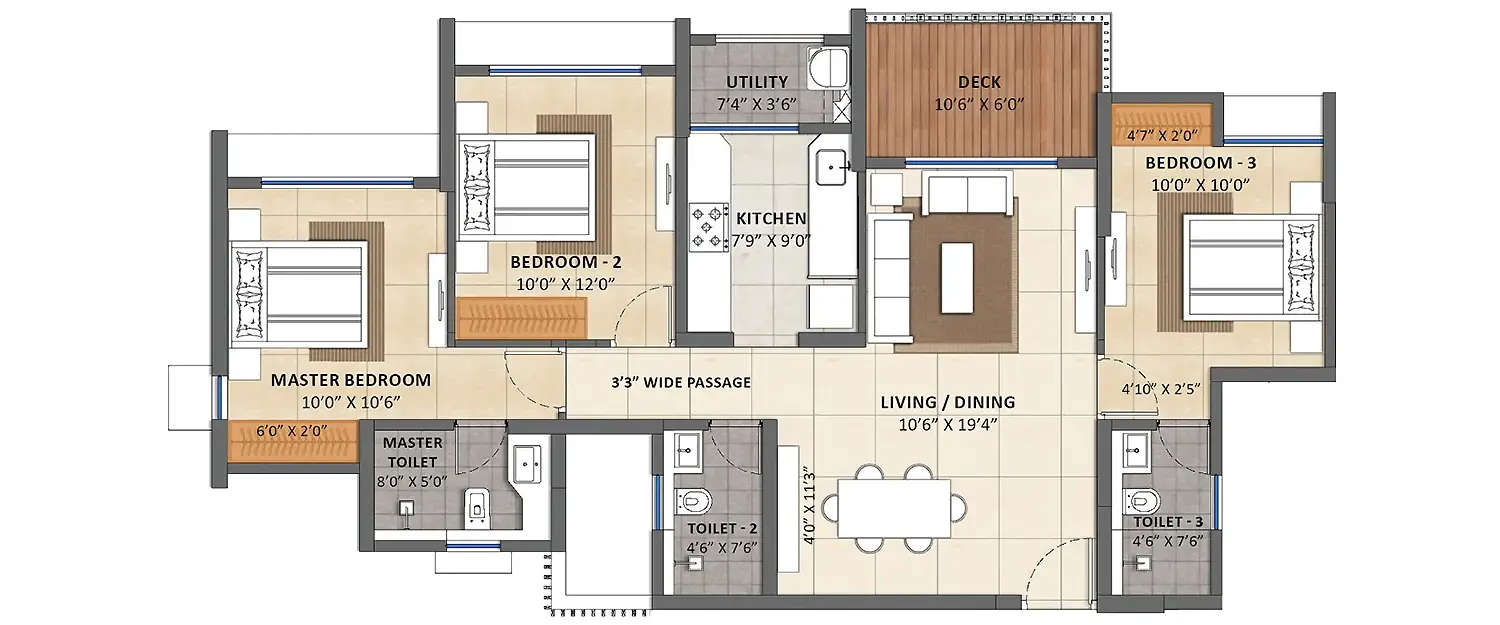 Floor plan for 3 BHK