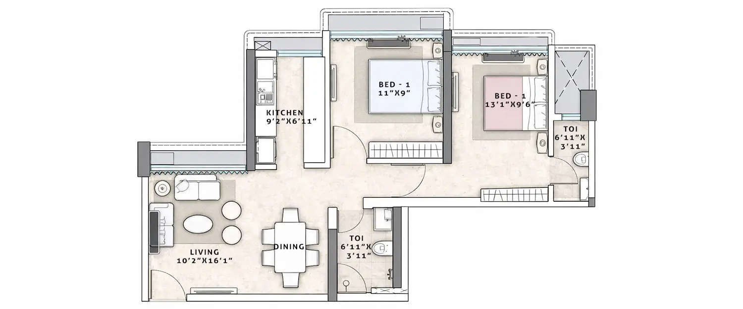 Floor plan for 2 BHK