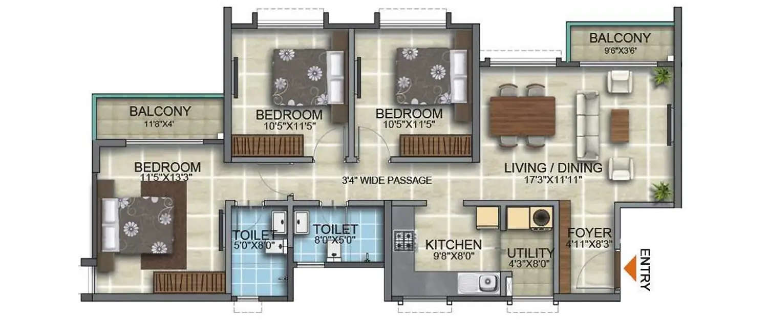 Floor plan for 3 BHK