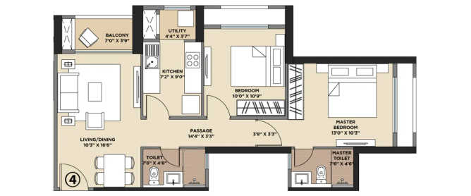 Hiranandani Fortune City Panvel - Floor plan 2 BHK 677 Sq.ft