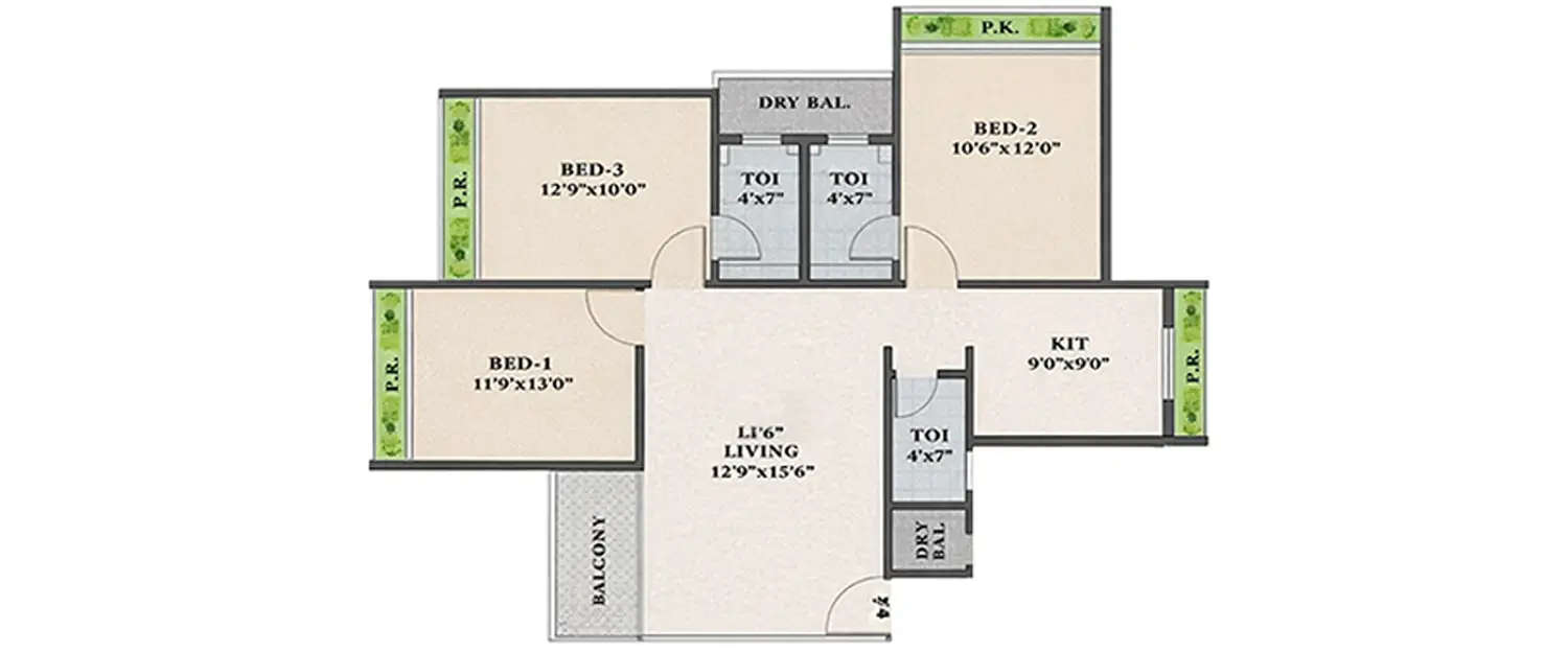 Floor plan for 3 BHK