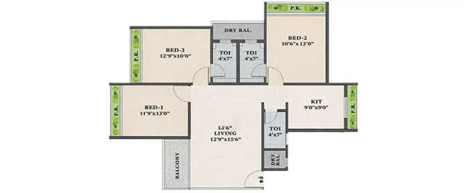 Tricity Promenade Seawoods - Floor plan 3 BHK 552 Sq.ft