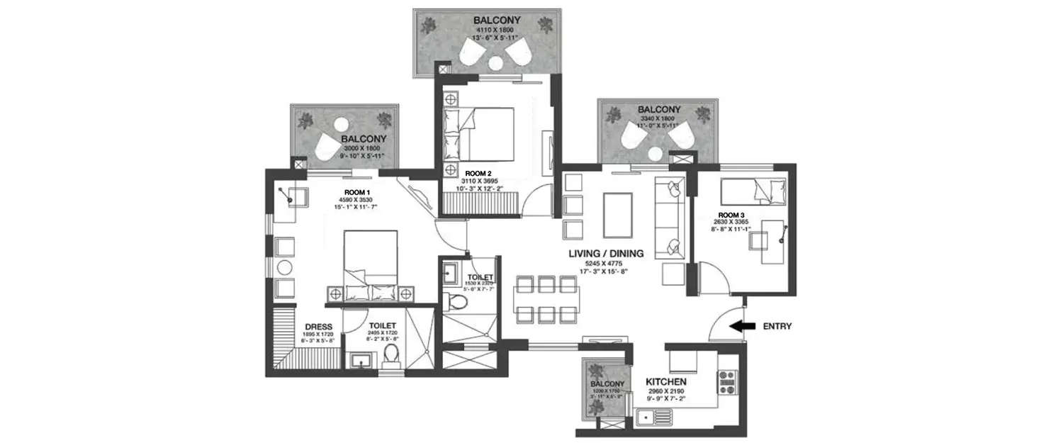 Floor plan for 3 BHK