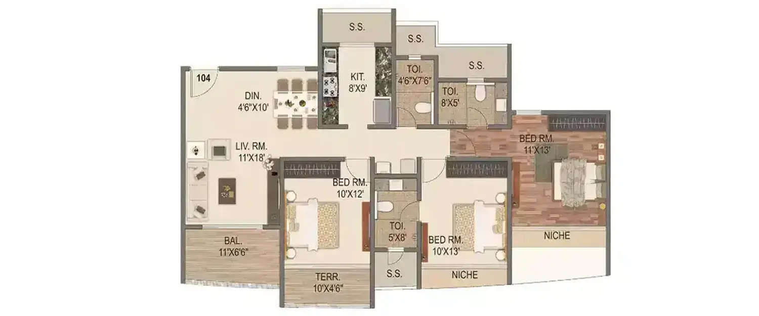 Floor plan for 3 BHK