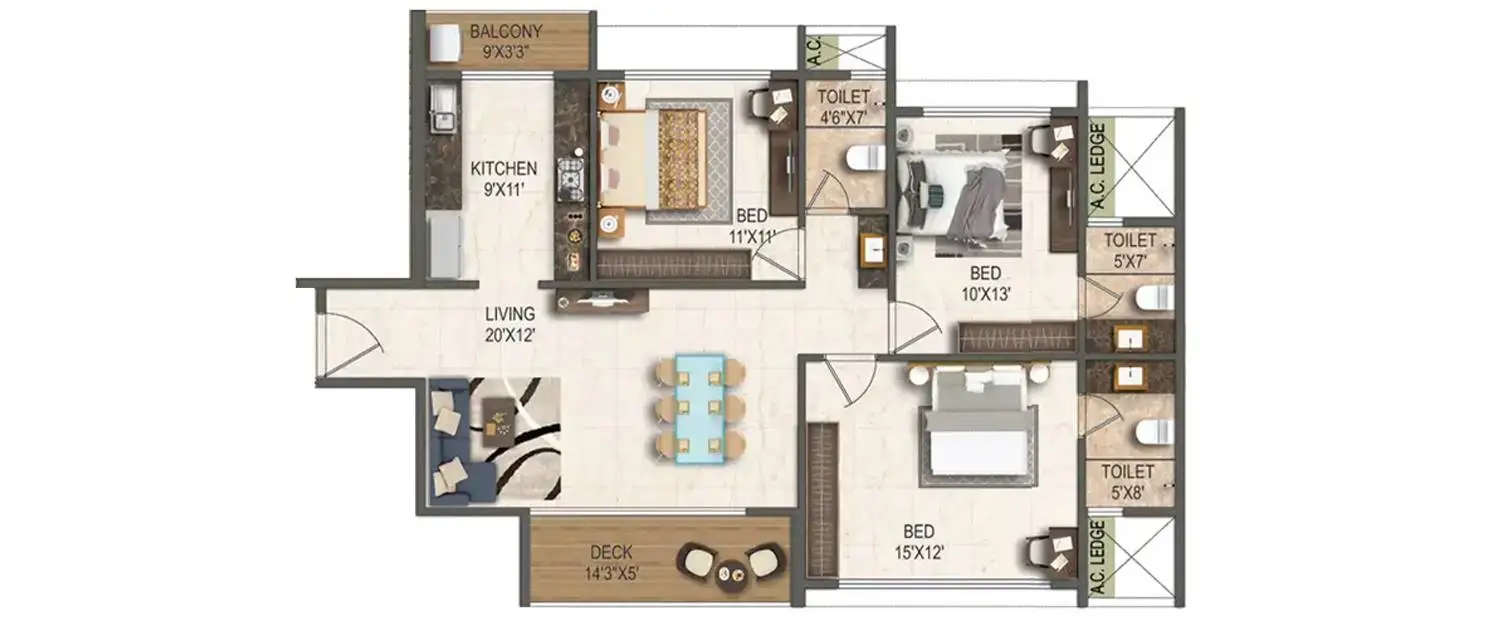 Floor plan for 3 BHK