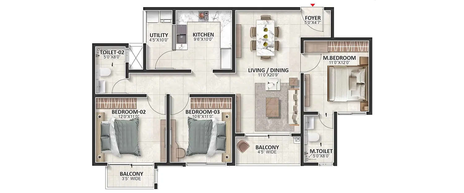 Floor plan for 3 BHK