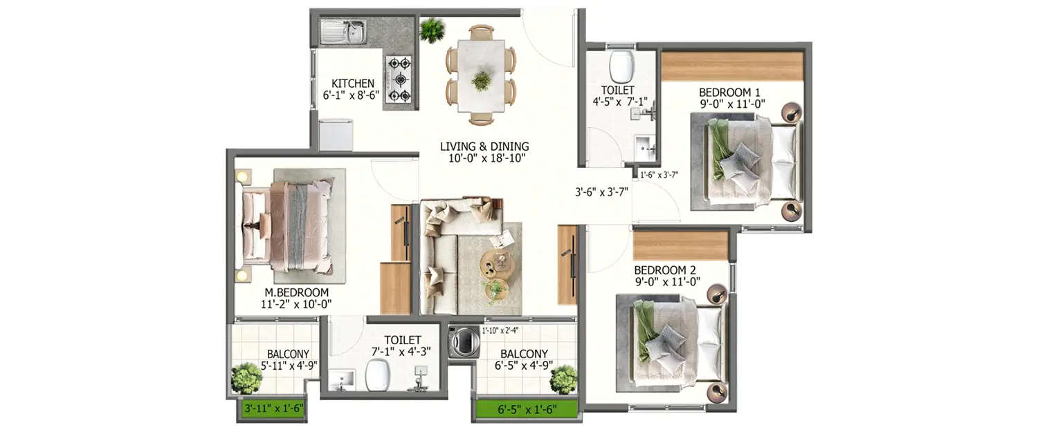 Floor plan for 3 BHK