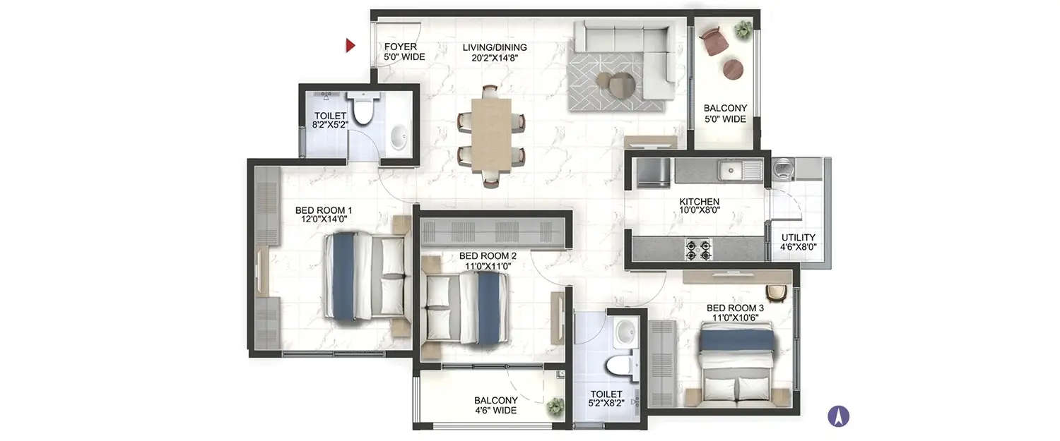 Floor plan for 3 BHK