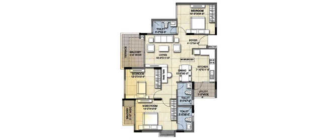Ajmera Florenza Yelahanka - Floor plan 3 BHK 1400 Sq.ft