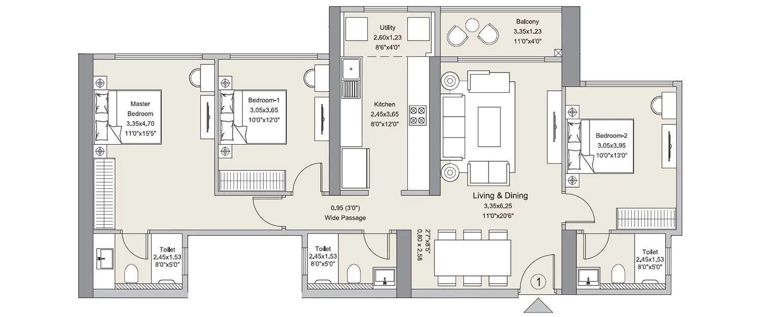 Floor plan for 3 BHK