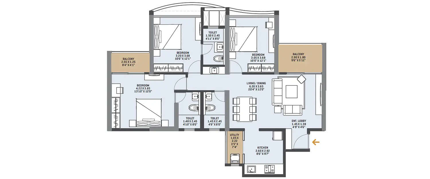 Floor plan for 3 BHK