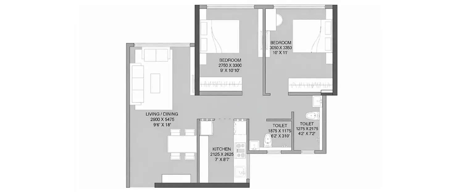 Floor plan for 2 BHK