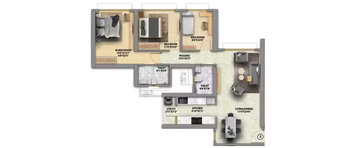 Floor plan for 3 BHK