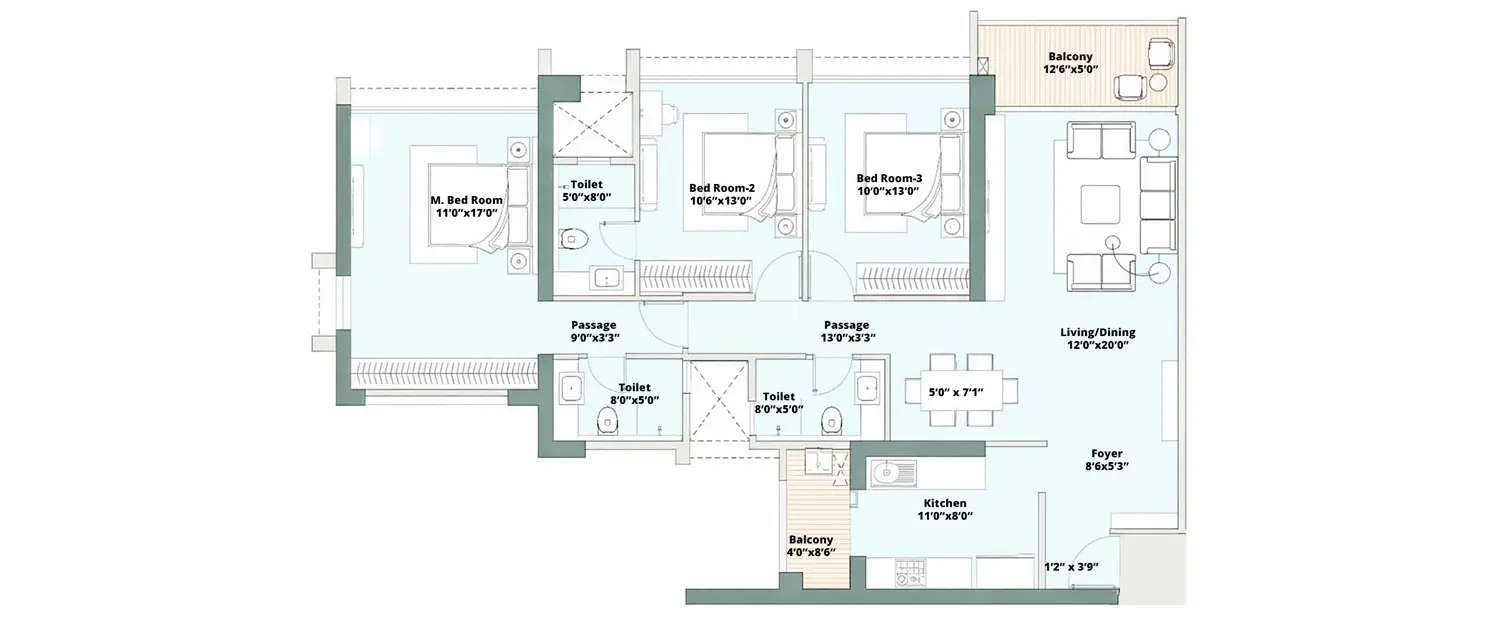 Floor plan for 3 BHK