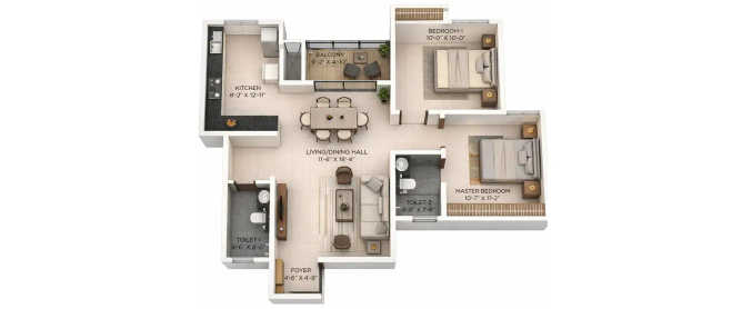 Provident Botanico Whitefield - Floor plan 2 BHK 1102 Sq.ft