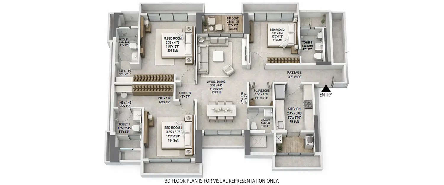 Floor plan for 3 BHK