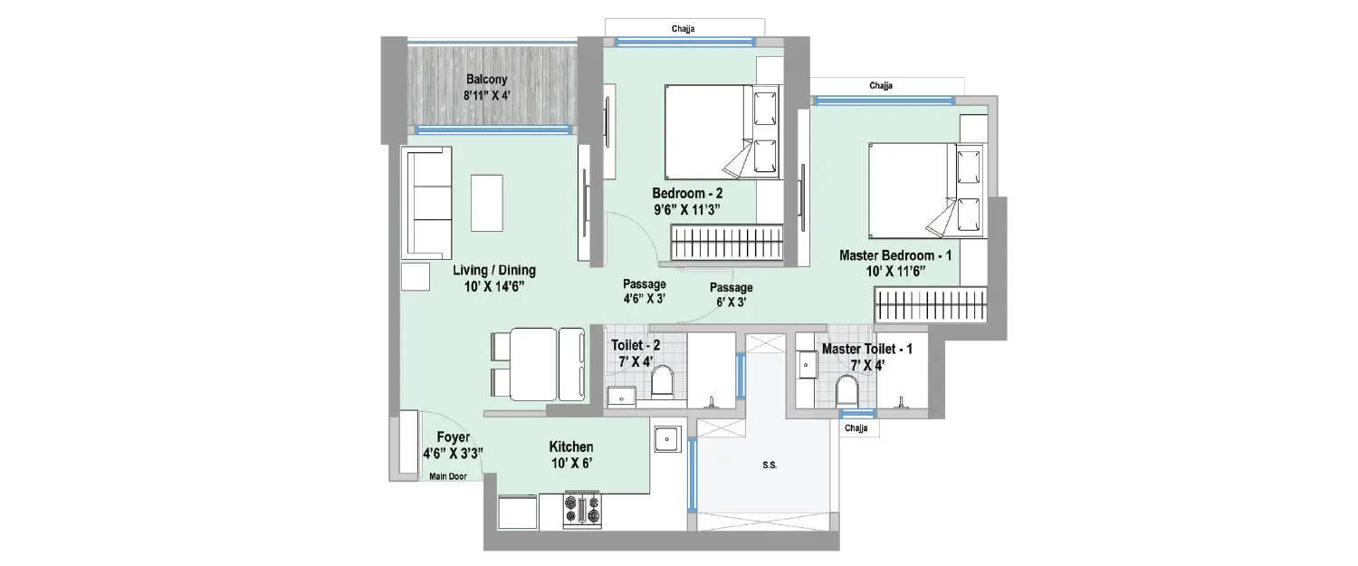 Floor plan for 2 BHK