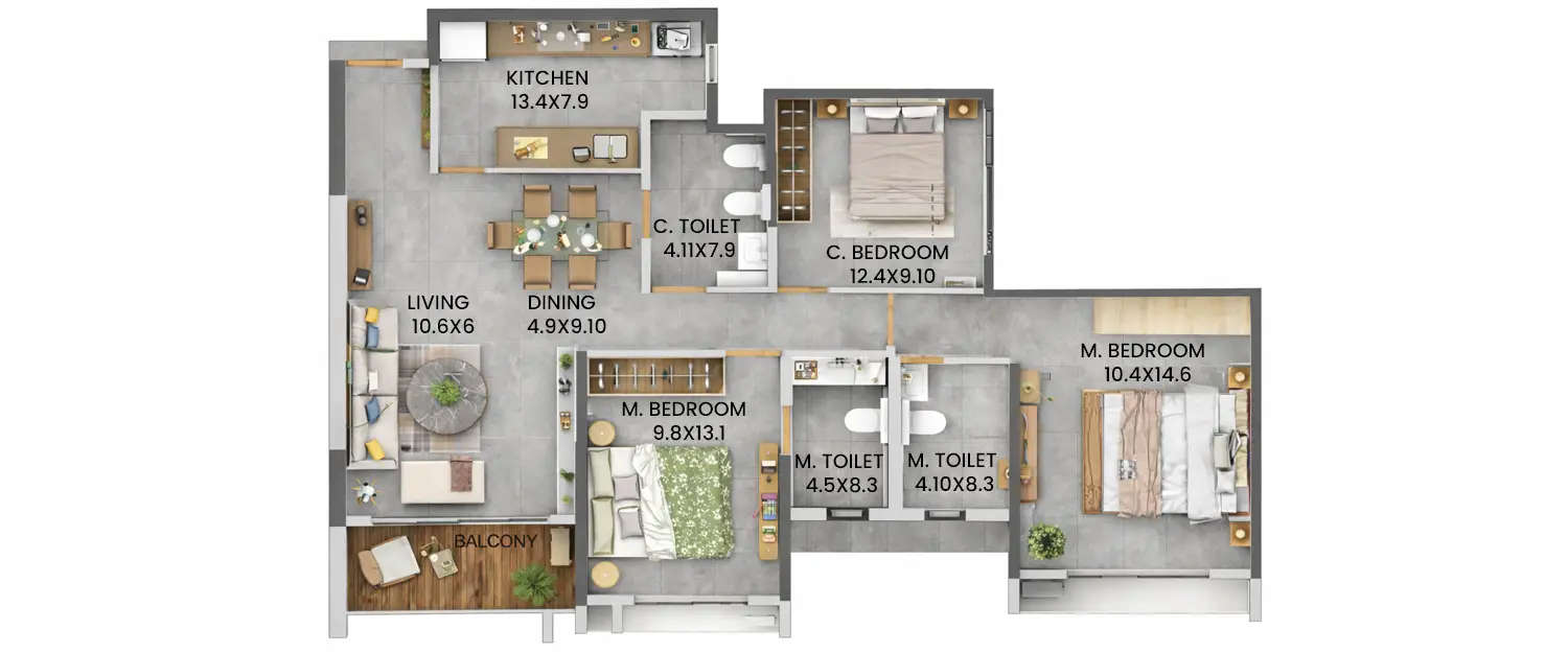 Floor plan for 3 BHK
