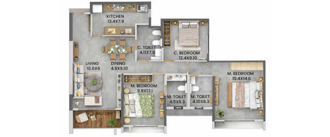 Dosti Eden Ghodbunder Road - Floor plan 3 BHK  Sq.ft