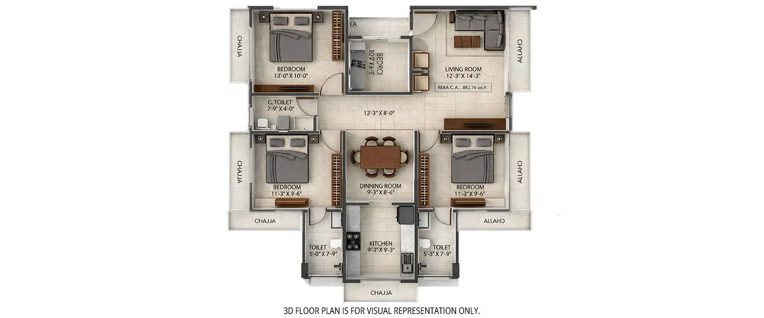 Floor plan for 3 BHK