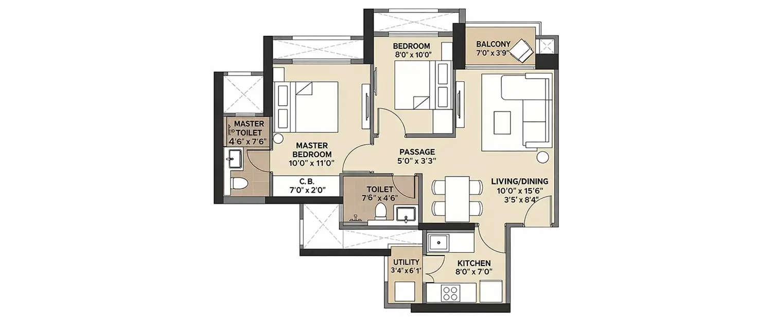 Floor plan for 2 BHK