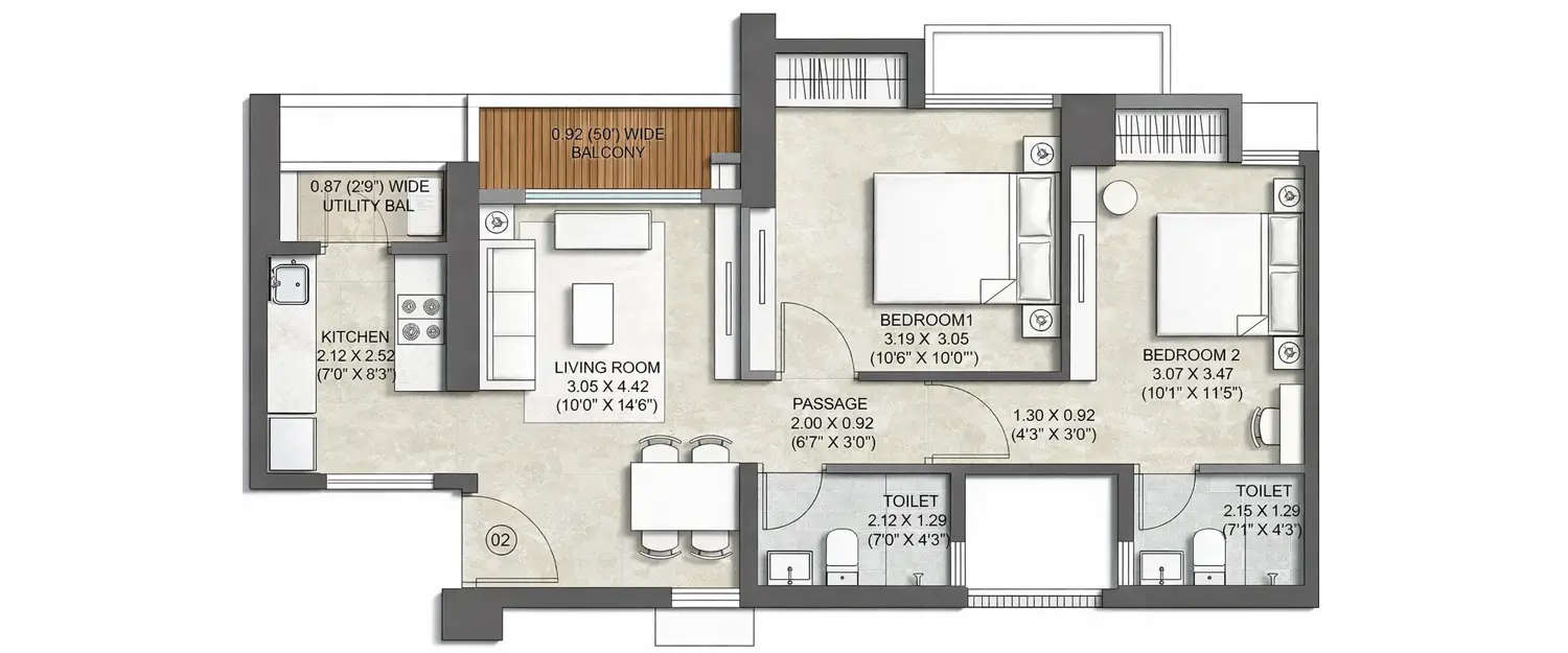 Floor plan for 2 BHK