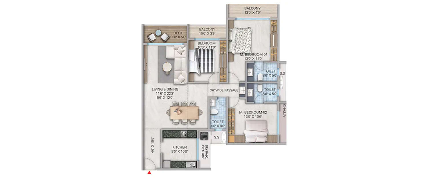 Floor plan for 3 BHK