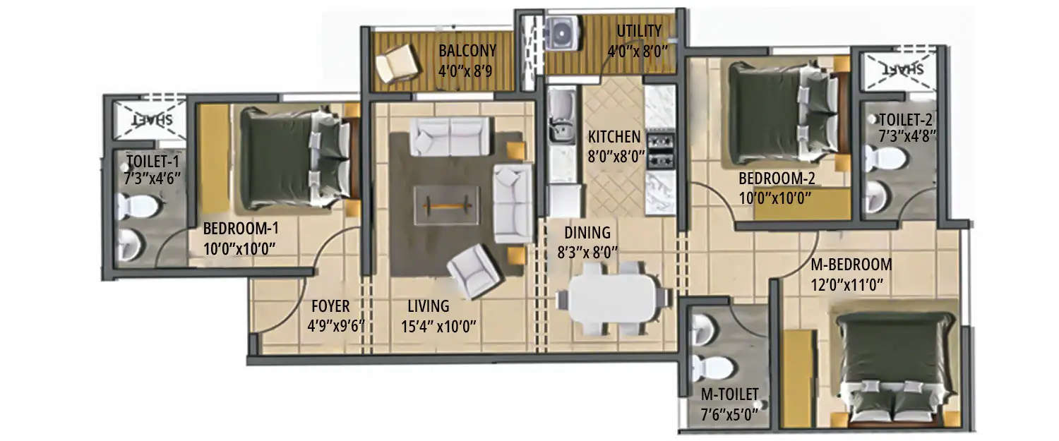 Floor plan for 3 BHK