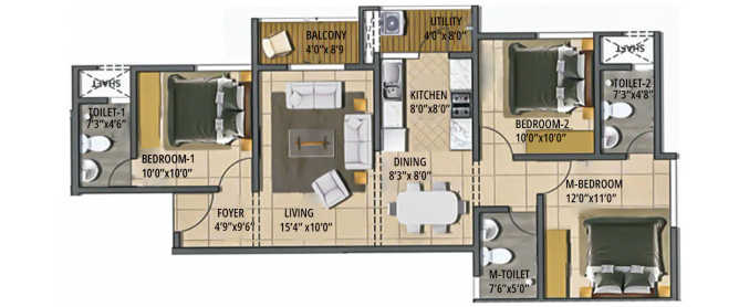 Shriram The Poem Jallahalli - Floor plan 3 BHK 1255 Sq.ft