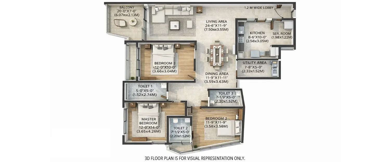 Floor plan for 3 BHK